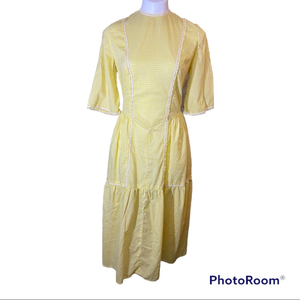 Vintage Handmade Gingham Yellow Prairie Dress Size L